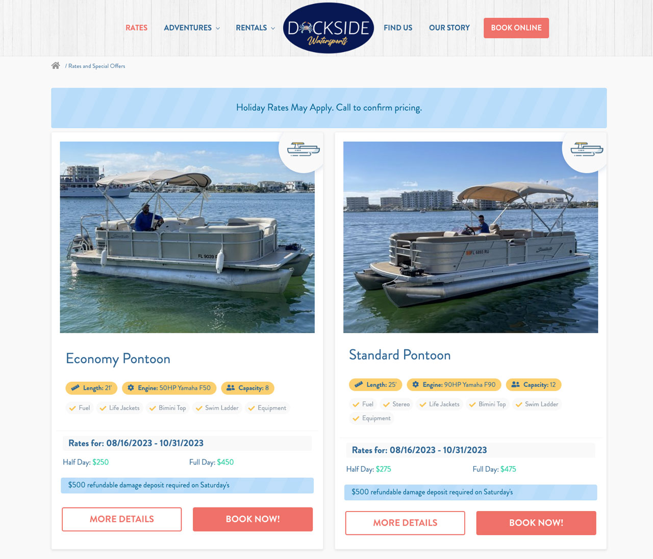 dockside watersports rates page layout